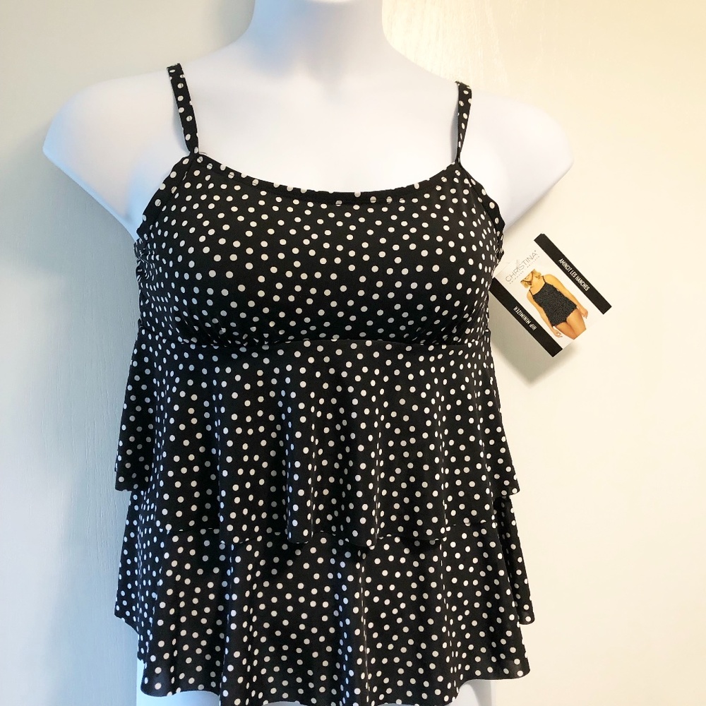 NWT Tankini Bathing Suit Top Black with White Polka Dots Size 12